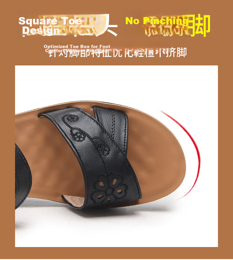 Warrior Mom Summer Sandals Soft Sole Genuine Leather Middle-aged and Elderly Women's Shoes New Anti-slip Summer 0768 Black Size 37 5