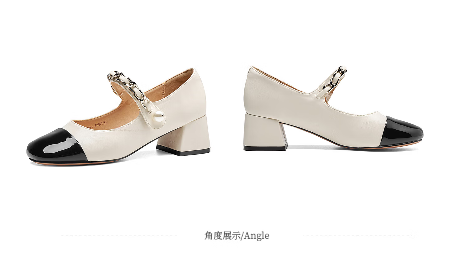 Josiny [Celebrity Style] Little Chanel Style Mary Jane Women's Shoes Spring Round Toe Chunky Heel French Leather Shoes White Size 34 18
