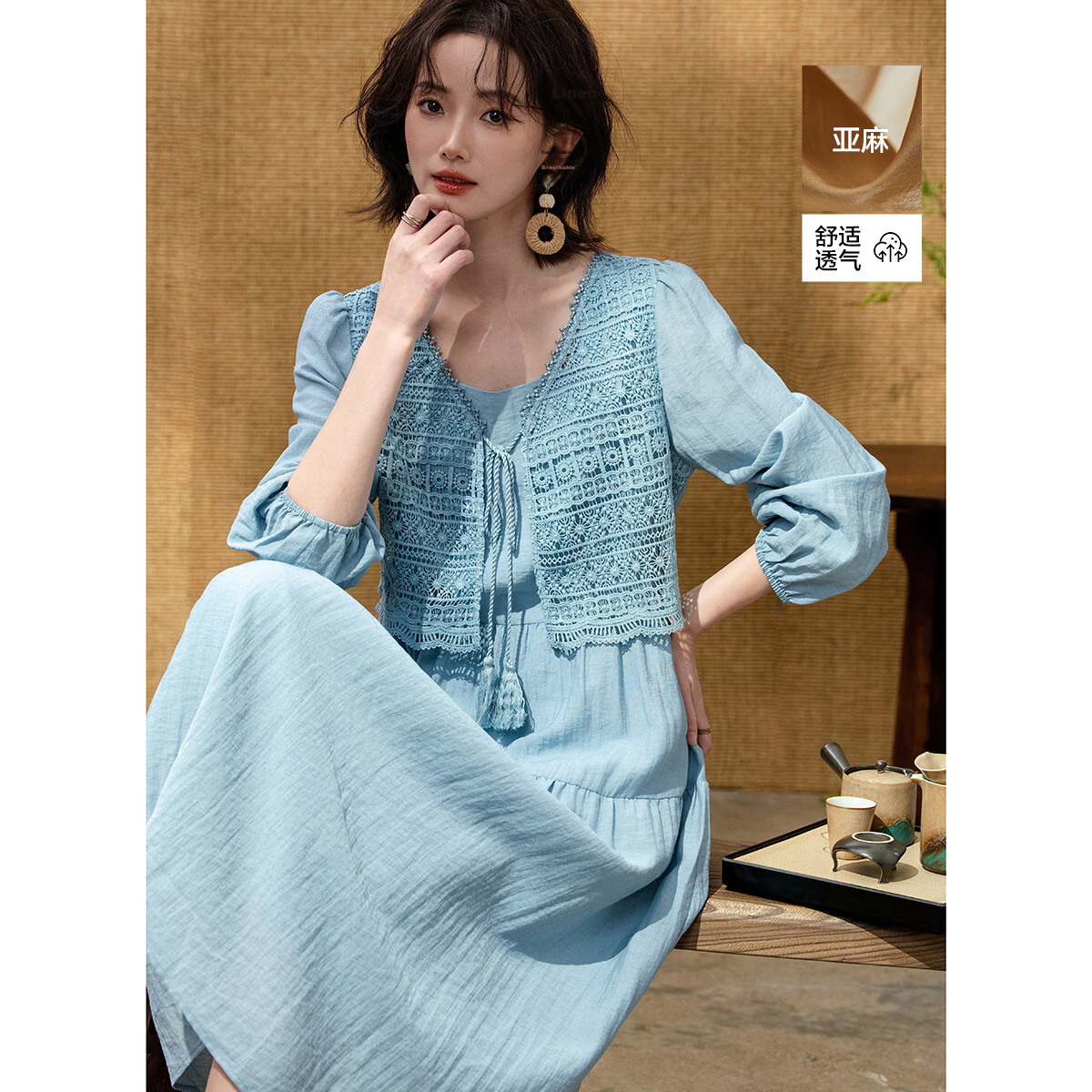 Demana Linen-Viscose Blend Tea Break Dress Spring Elegant Faux Two-Piece Lace Hollow Tower A-Line Women's Dress