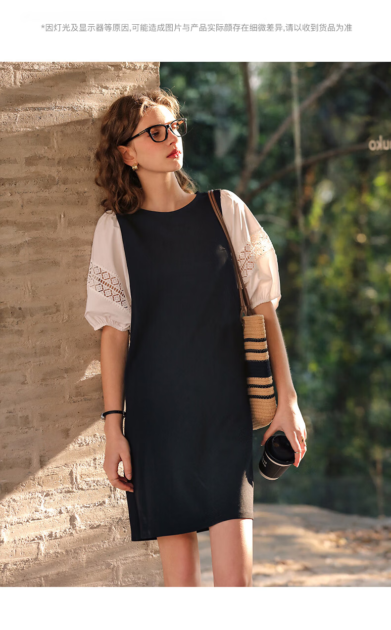 Olrain French Lace Hollow Out Puff Sleeve Splice Dress Women Summer Elegant Straight Dress Black and White M 18