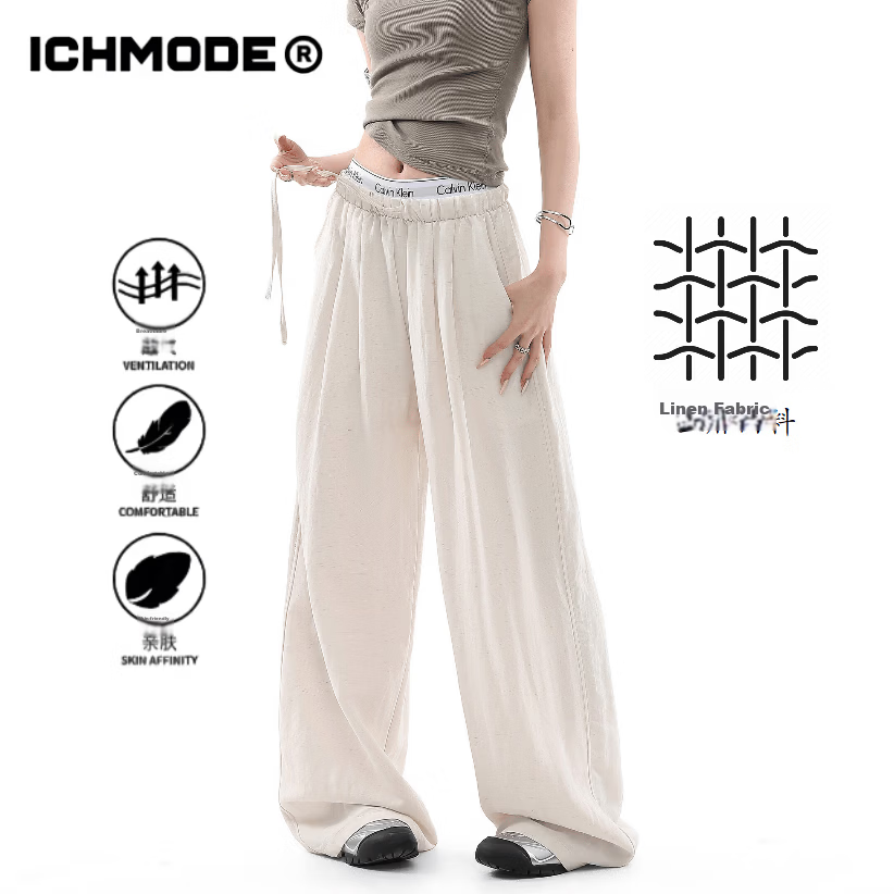 ICH MODE Women's Linen Casual Pants New Loose Straight Wide-Leg Trousers Sports Pants All-Season Apricot S