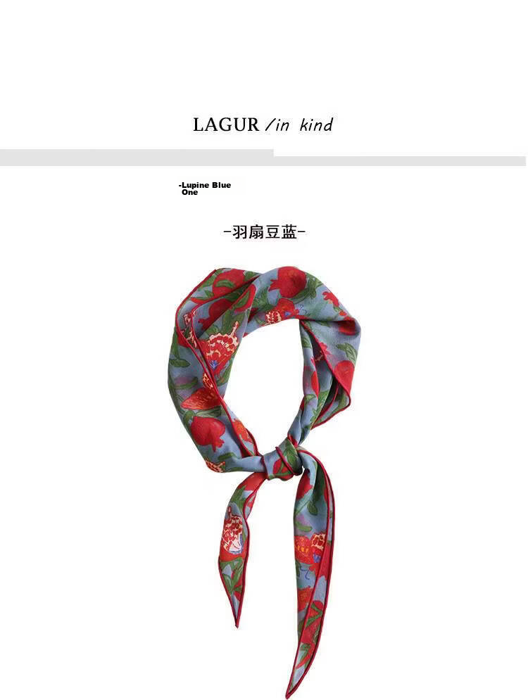 Lagur "Butterfly Pomegranate Flower" 100% Mulberry Silk Triangle Scarf Women's Silk Diamond Scarf Lupine Blue 12