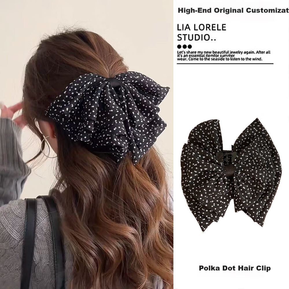 Dongyi Selected Vintage Polka Dot Three-Layer Tulle Bow Ponytail Clip Half-Up Hair Bun Shark Clip Hair Accessories
