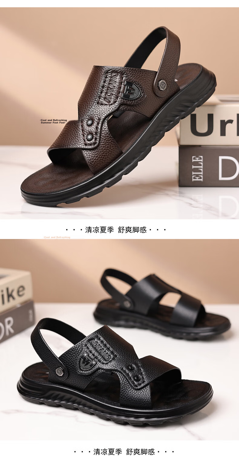Aokang Father's Day Sandals for Men, Cowhide Leather, Summer Soft-Soled Casual Beach Shoes, Versatile Trendy Two-Way Slippers, Black, Size 38 19