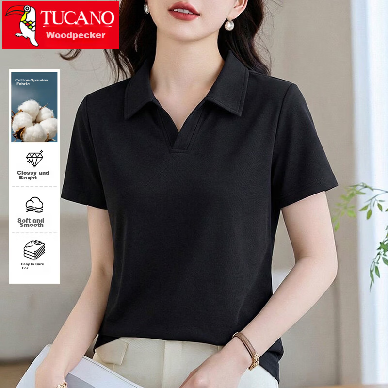 TUCANO Women's Short Sleeve T-Shirt Seagull Collar Polo Slim Fit Casual Commuter Top Black 3XL