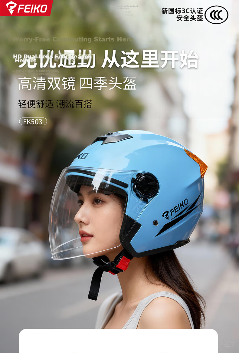 FEIKO National Standard Dual-Lens Helmet 3C Certified Electric Vehicle Helmet Unisex Four-Season Breathable Anti-Fall Safety Cap Black L 2