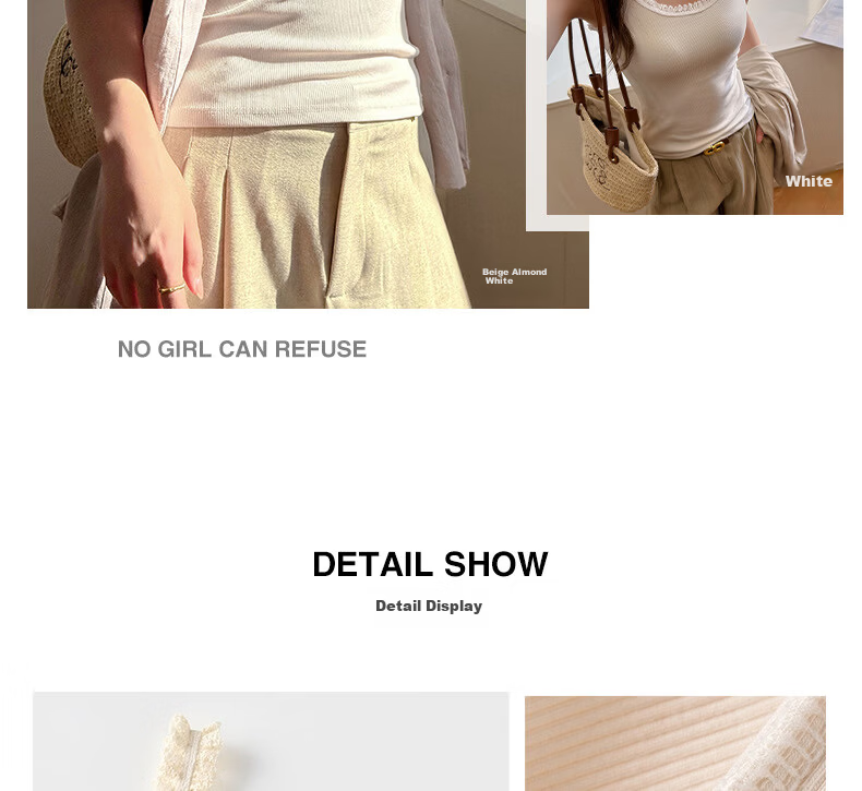 Modal Ribbed Cotton Camisole Tank Top for Women with Wheat Ear Lace Trim Slim Fit Basic Outerwear in Beige 12