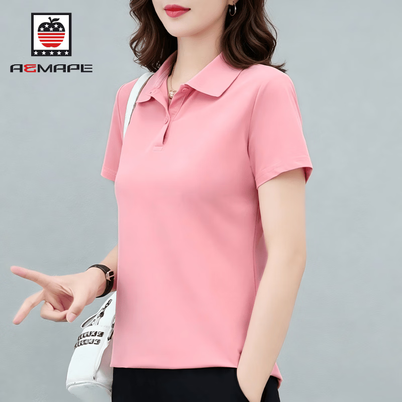 AEMAPE Ice Silk Solid Color Short Sleeve T-Shirt Women 2026 Summer New Fashionable Polo Shirt Casual Versatile Collared Top