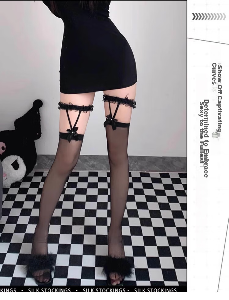 LangSha Spring Summer New Lace Sexy JK Pure Desire Black Over-the-Knee Suspender One-Piece Stockings 2 Pairs Pack 6
