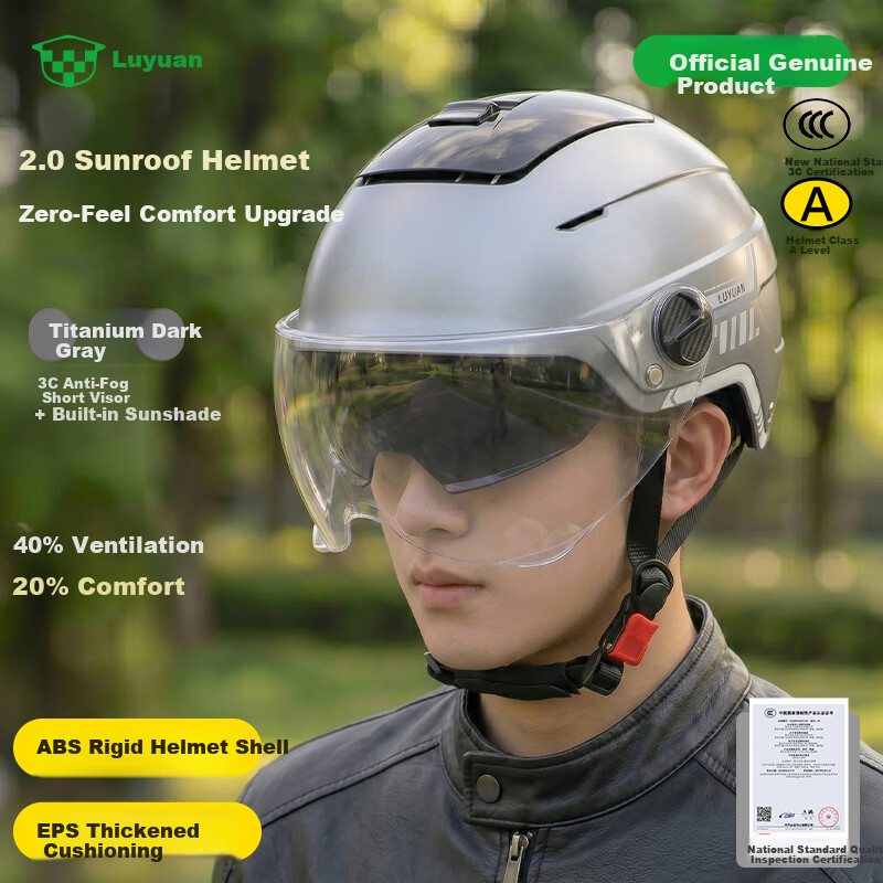 Luyuan Electric Scooter Helmet Summer Zero-Pressure Sunroof Breathable New National Standard Class A 3C Certified Electric Motorcycle Safety Helmet Four Seasons Unisex Titanium Gray - 3C Short Visor