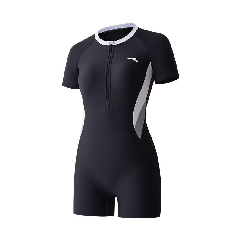 ANTA Women's One-Piece Square-Leg Chlorine-Resistant Sun-Protective Conservative Sports Swimsuit Black White 2XL