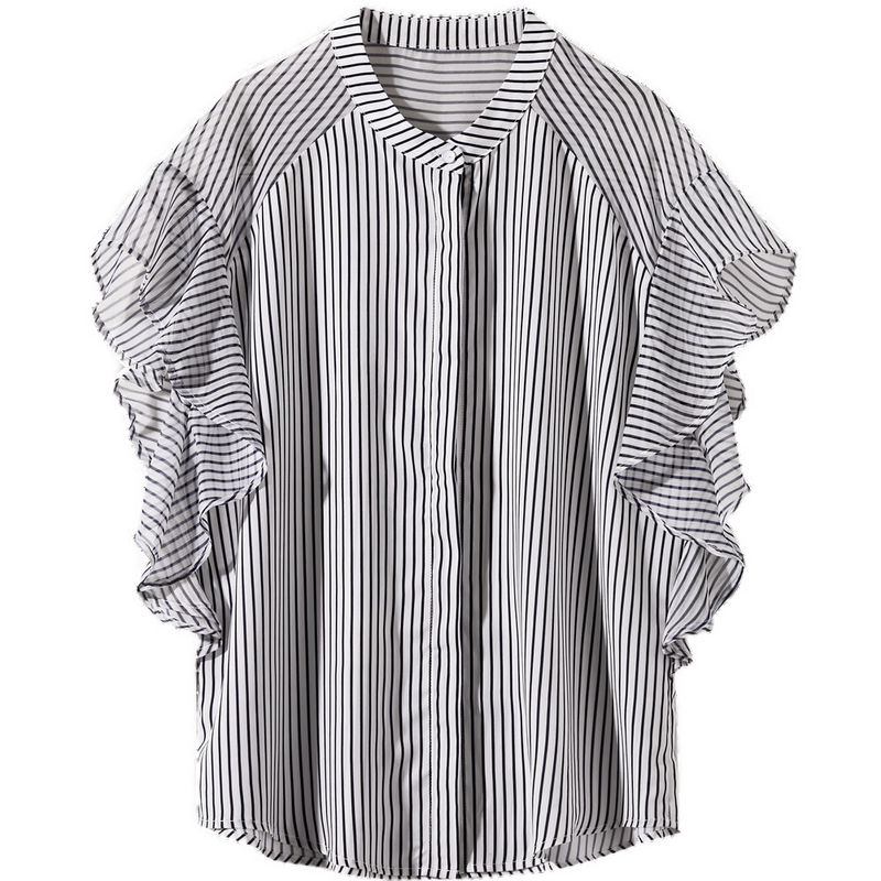 Dme [Translucent Patchwork] Summer Chiffon Patchwork Chiffon Pleated H-Shaped Ruffle Blouse for Wome