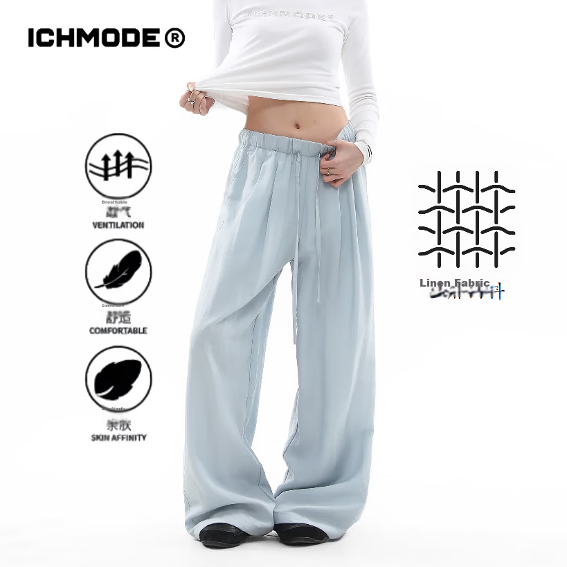 ICH MODE Women's Draped Linen Casual Pants New Loose Straight Wide-Leg Trousers Sports Pants All-Season Blue M