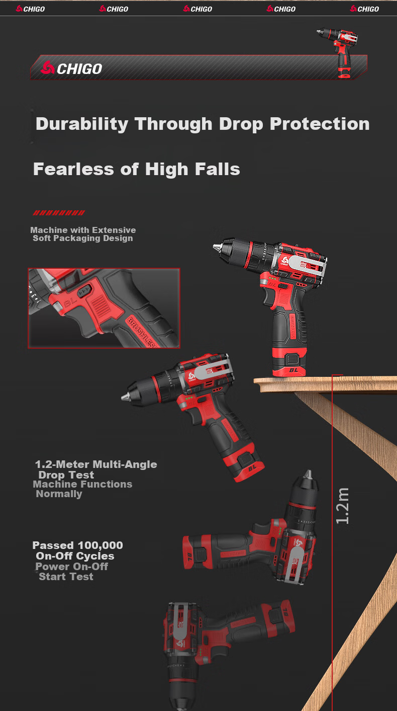 CHIGO 18V Brushless Hammer Drill Compact Cordless Electric Screwdriver Multi-Function Impact Drill 15