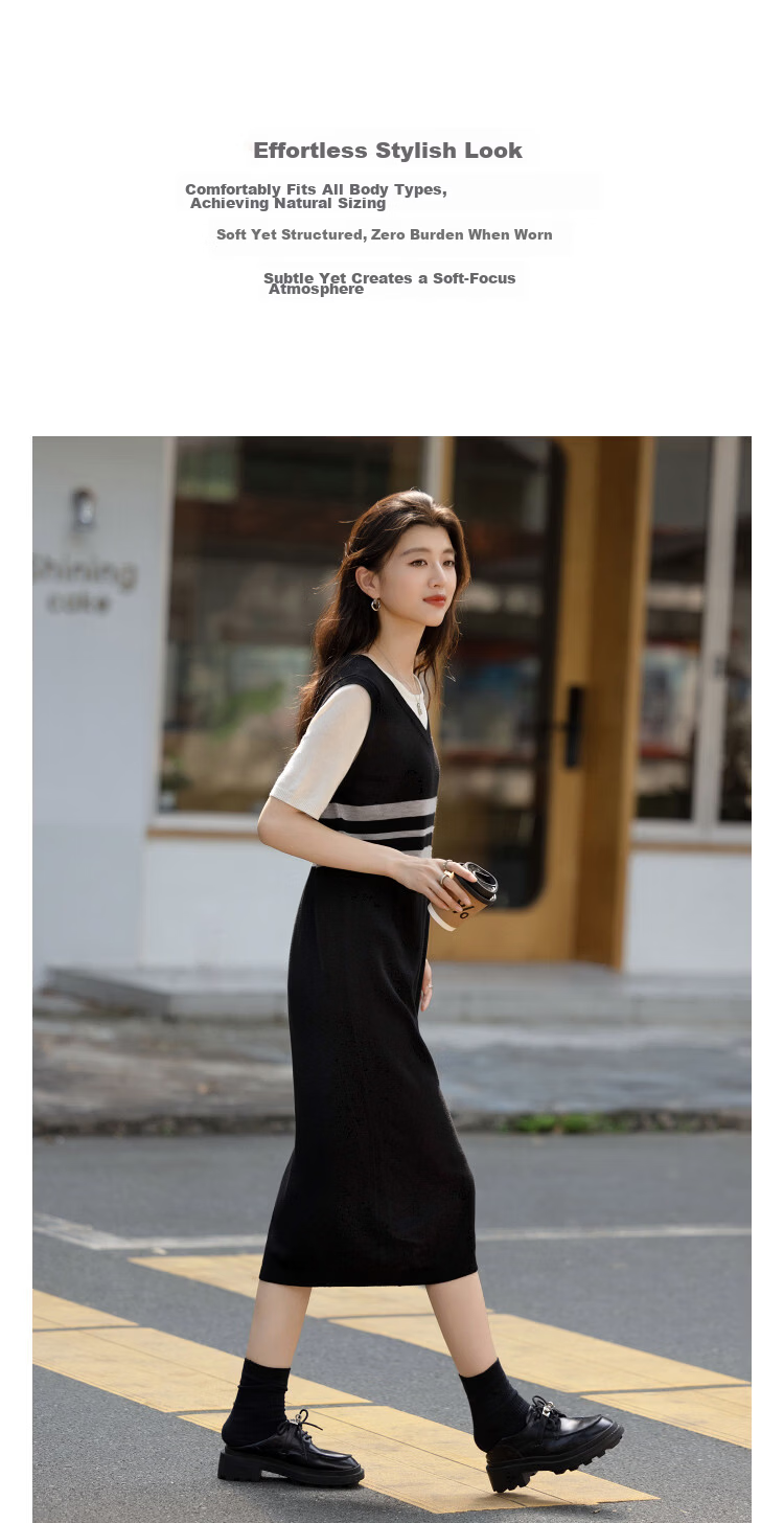 Demana [Mulberry Silk and Wool Blend] Spring Faux Two-Piece Short Sleeve T-Shirt Dress Slim Fit Women's Set 6