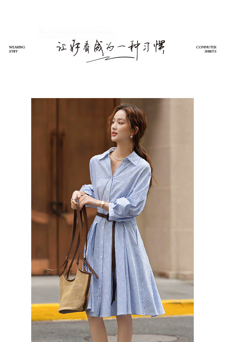 Demana [Lyocell Cotton Blend] Spring Smart Commuter Striped Embroidered Half-Sleeve Waist-Cinched A-Line Women's Dress 10