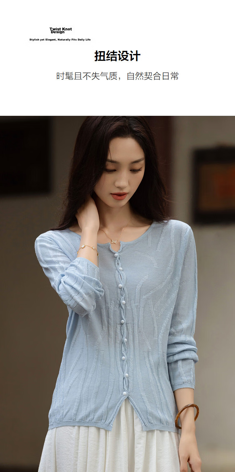 Demana [Linen Lyocell Blend] Spring Elegant V-Neck Twist Jacquard Slim Knit Sweater with Braided Buttons for Women 7