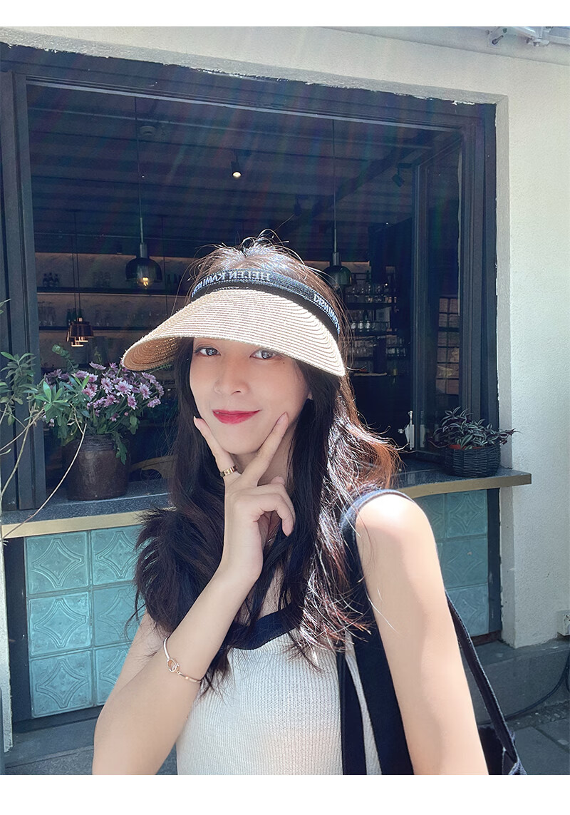 XUEXIMAN Summer Ins Straw Topless Baseball Cap for Women, Outdoor Versatile Beach Wide Brim Sun Protection Visor Hat, Sunshade Hat 9