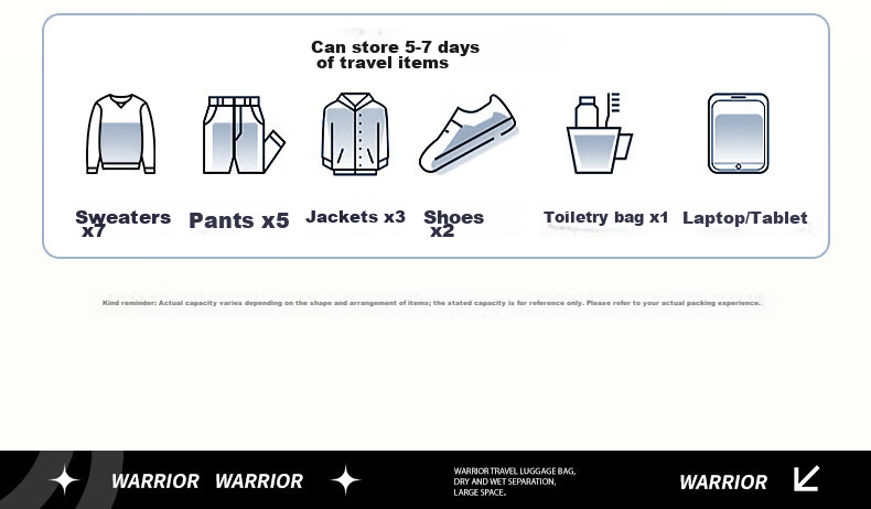 Warrior Men's Travel Bag Large Capacity Gym Bag with Wet and Dry Separation Handheld Bag for Business, School, Swimming, Sports, and Luggage 7
