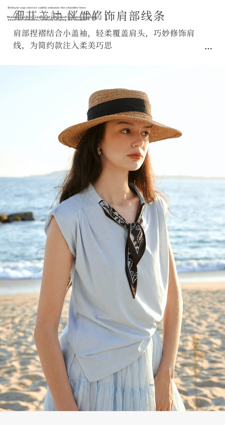 Olrain Eurier Scarf Collar Short Sleeve T-Shirt Women Summer New Casual Simple Commuter Knit Top Blue S 14