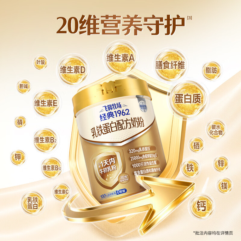 飞鹤1962铂金装乳铁蛋白牛奶粉800g中老年0蔗糖益生菌过节送父母送礼