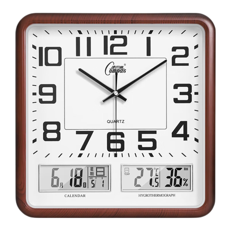 Compas Wall Clock Living Room Perpetual Calendar Temperature and Humidity Quartz Clock Classroom Simple Wooden Grain C2985 37cm