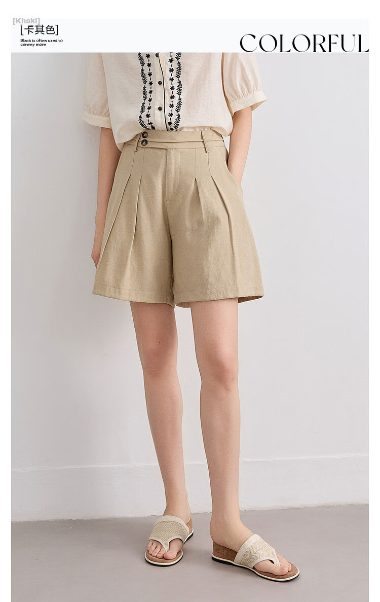Demana Breathable Linen Feel Summer Commuter Wide-Leg Pleated Two-Button Loose Slimming Women's Casual Shorts 3