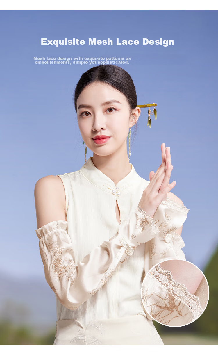 Shanghai Story Women's Silk Sun Protection Ice Sleeves Spring Summer 100% Mulberry Silk Satin Printed Loose Retro Sunshade Arm Sleeves Valentine's Day Gift 4
