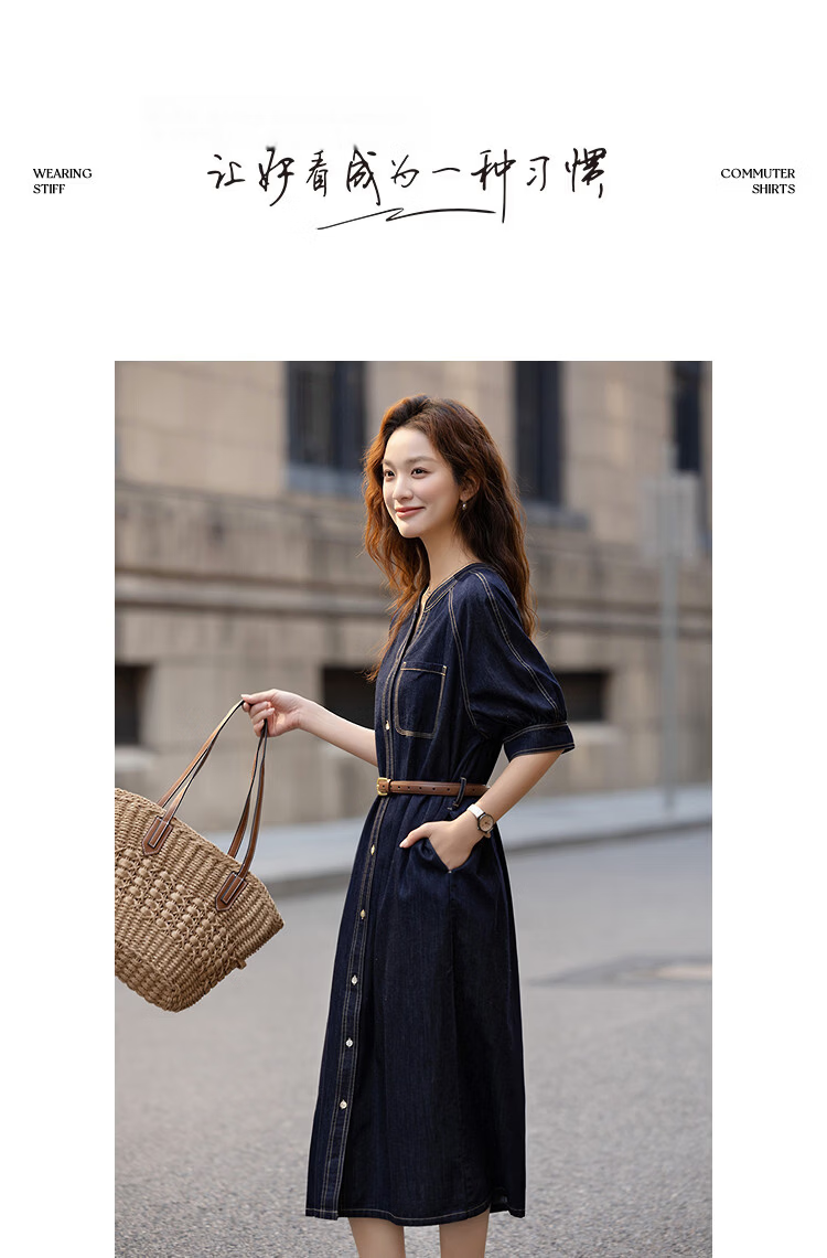 Demana [Denim Cloud Cotton] Spring V-Neck Belted Topstitch Loose Petite Women's Denim Dress 17