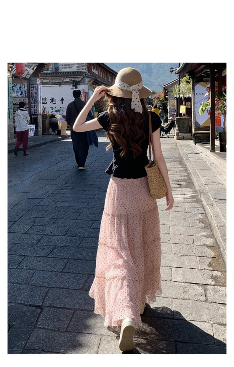 Langsha Pink Polka Dot Long Skirt Women's New 2026 Summer Super Beautiful Tulle A-Line High Waist Slim Puff Half Skirt 12
