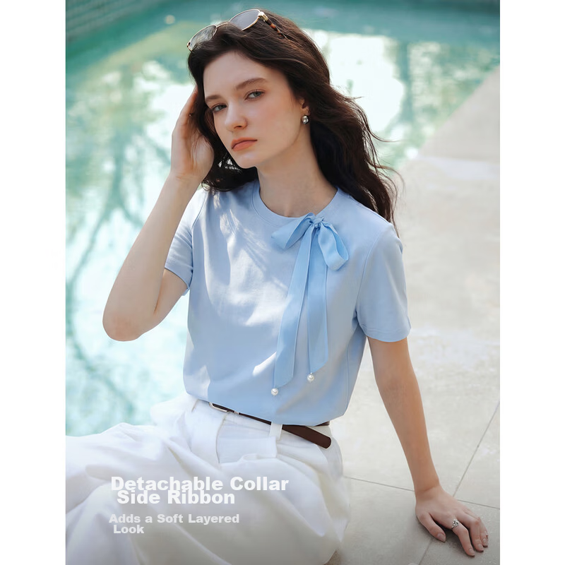 Olrain Detachable Ribbon French Style Short Sleeve T-Shirt Women Summer New Shoulder Round Neck Top Blue M