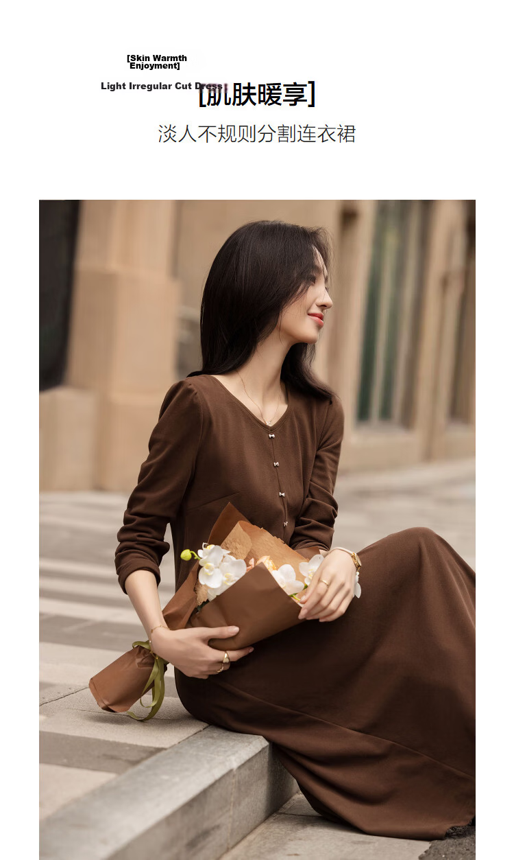 Demana Warm Double-Sided Fleece Autumn Casual V-Neck Irregular Split Metal Button A-Line Women's Dress 5