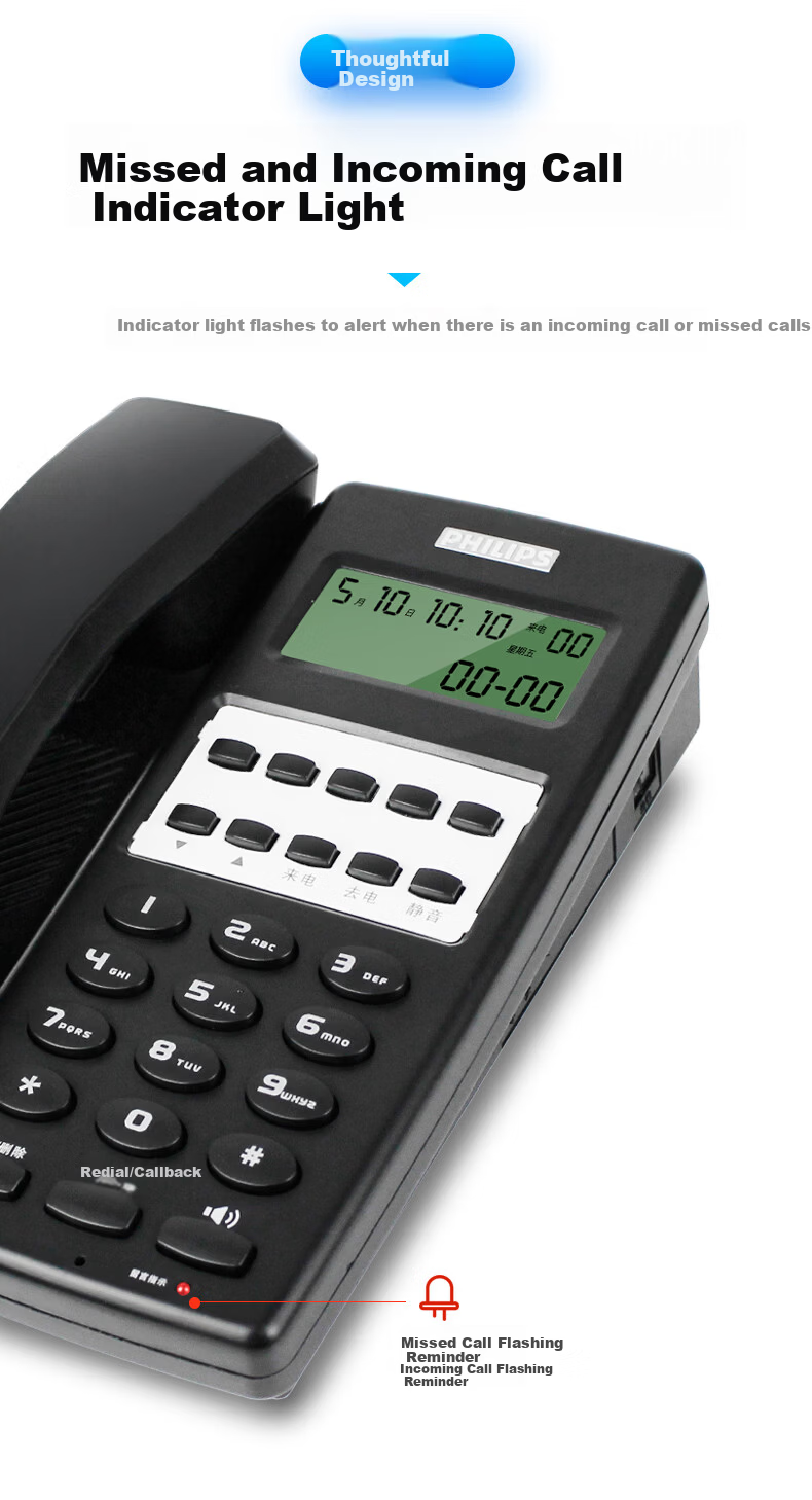 PHILIPS CORD2802 Hotel Telephone Corded Desk Phone Caller ID One-Touch Dial Wired Wall-Mount Black 9