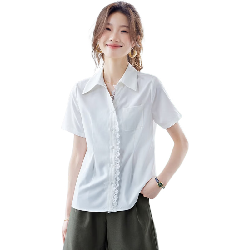 Jeanswest Women's Short Sleeve Shirt 2026 Summer Korean Style Lace Trim Lapel Waist Slimming High-End White M