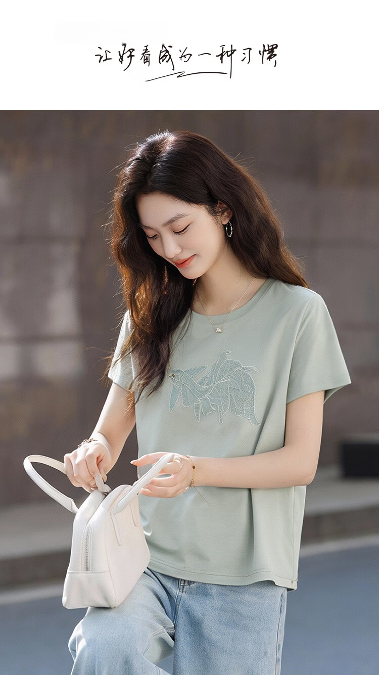 Demana [With Mulberry Silk Cloud Cotton] Summer Simple Style 3D Applique Embroidery Slimming Concealing T-Shirt for Women Premium Feel 1