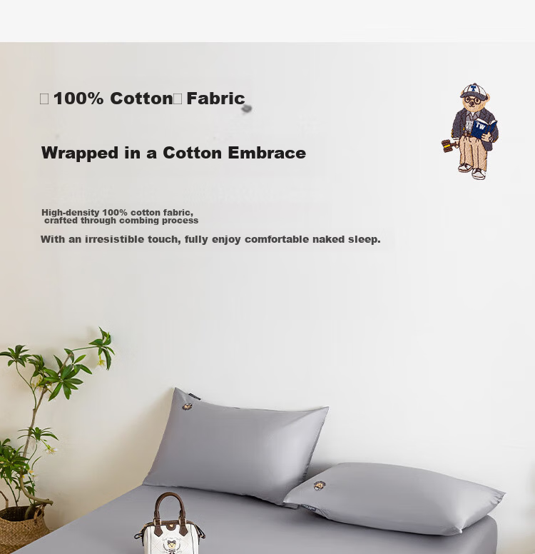 Teenie Weenie Bear Long Staple Cotton Fitted Sheet Single Pure Cotton Mattress Protector Dustproof Bed Sheet Cover 0.9m Bed Elegant Gray 4