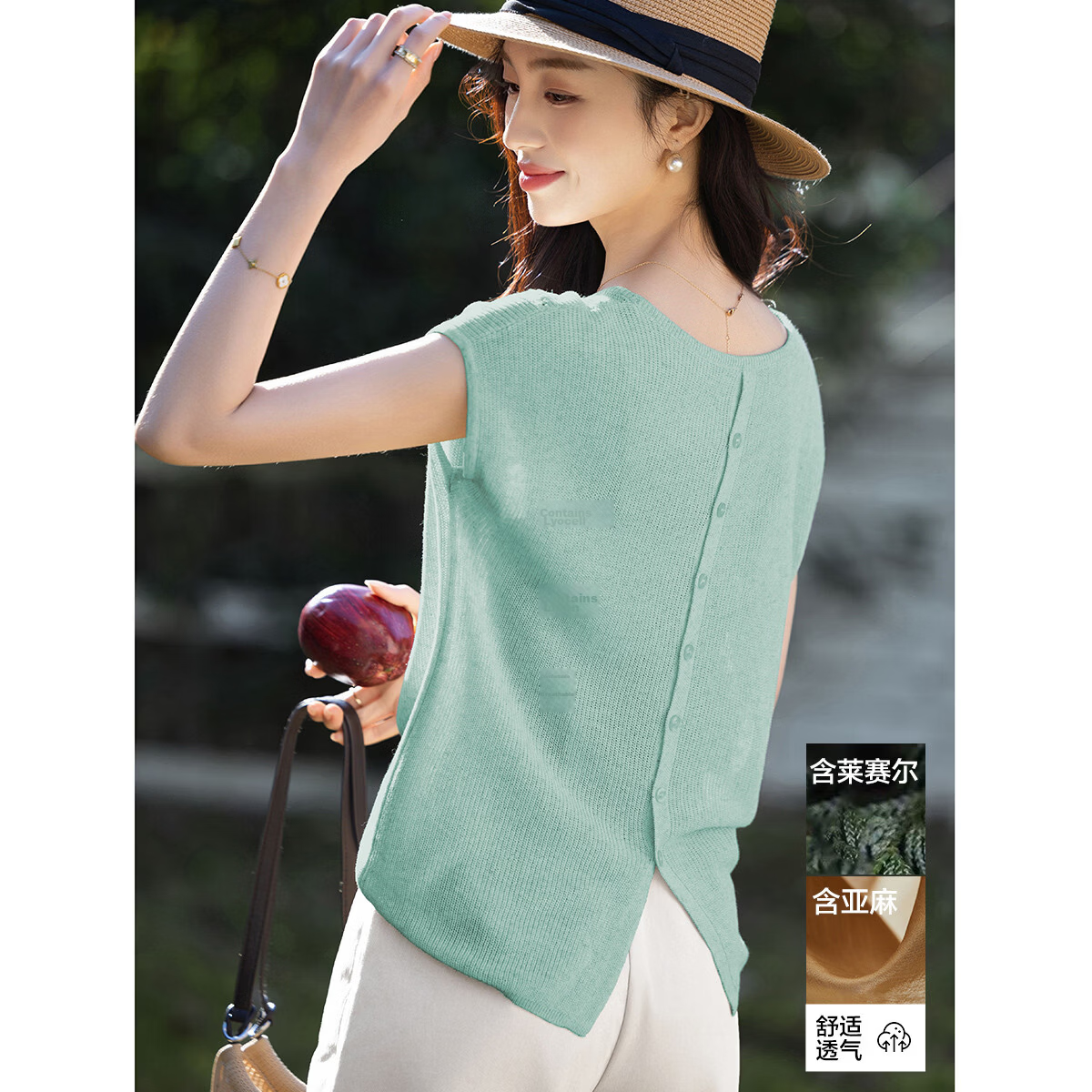 Demana [With Linen Lyocell] Summer Minimalist Round Neck Raglan Short Sleeve Buttoned Slim Knit Top for Women Premium Feel