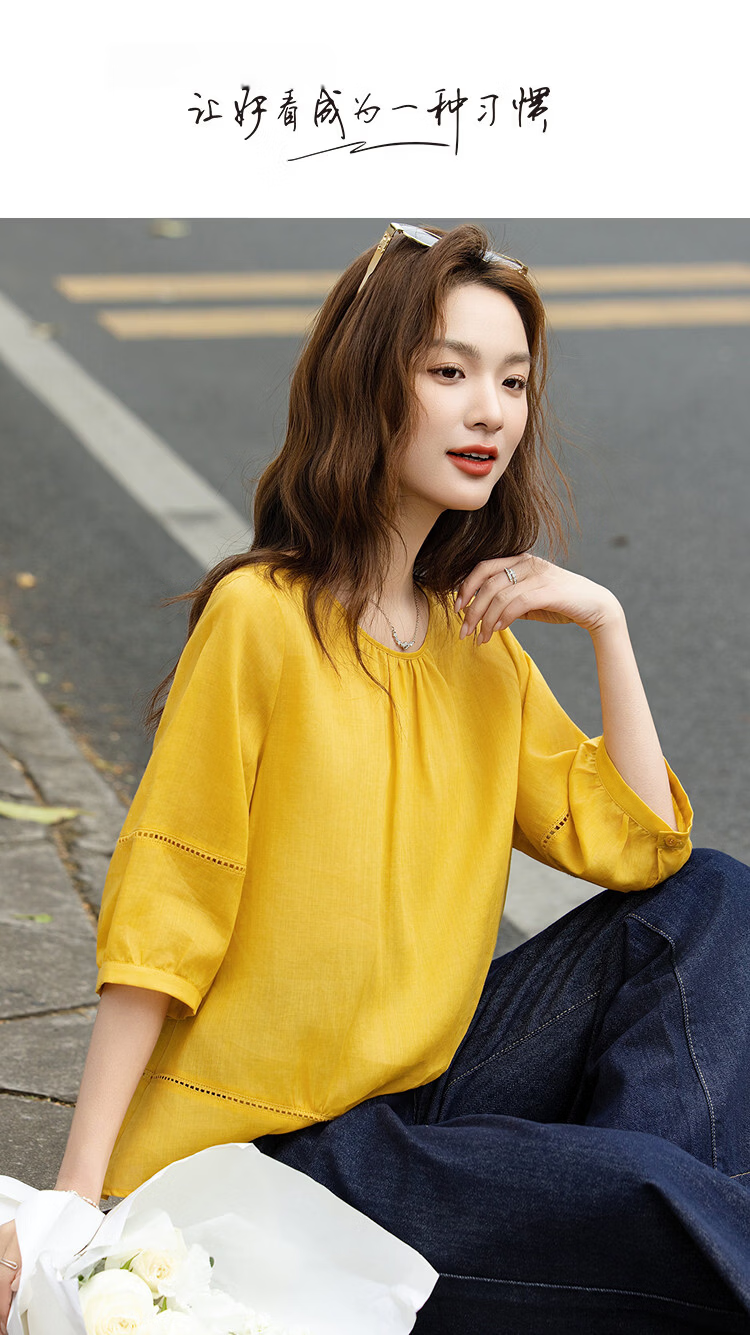 Demana [Ramie Lyocell Blend] Summer Round Neck Hollow Out Small Lace Loose Slimming Concealing Shirt for Women Premium Feel 1