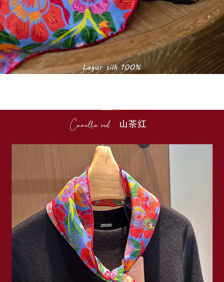 Lagur Rich Eternal 100% Mulberry Silk Original Illustration Scarf Triangle Silk Neck Scarf Gift for Mom Camellia Red 17
