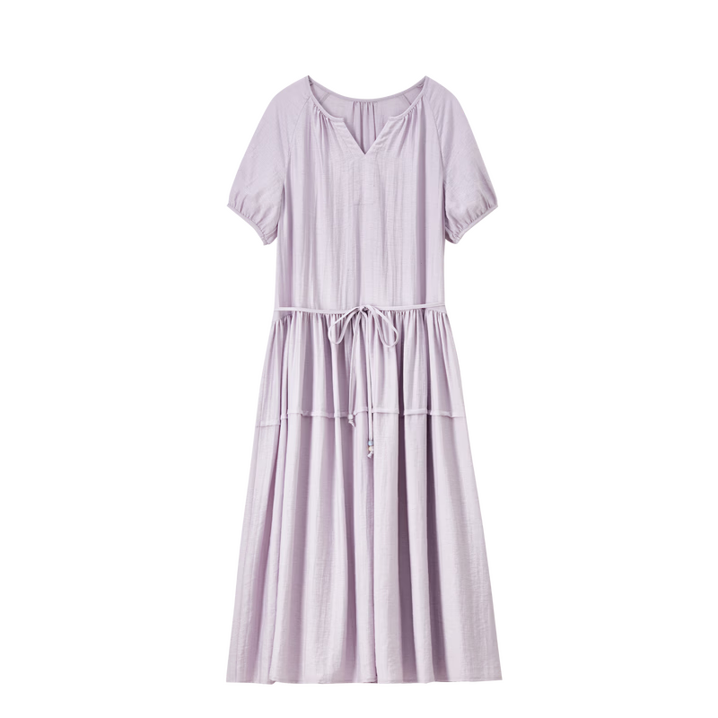 Shangdu Bila Elegant Linen Breathable Summer Dress for Women V-Neck Slimming A-Line Beaded Waist Cord Mid-Length Dress