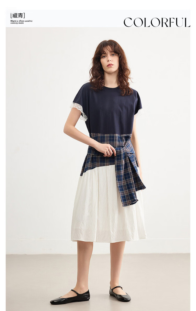 Demana Soft Cloud Oxygen Cotton Summer Korean Style Plaid Patchwork Lace Trim Elegant A-Line Mid-Length Dress for Women 3