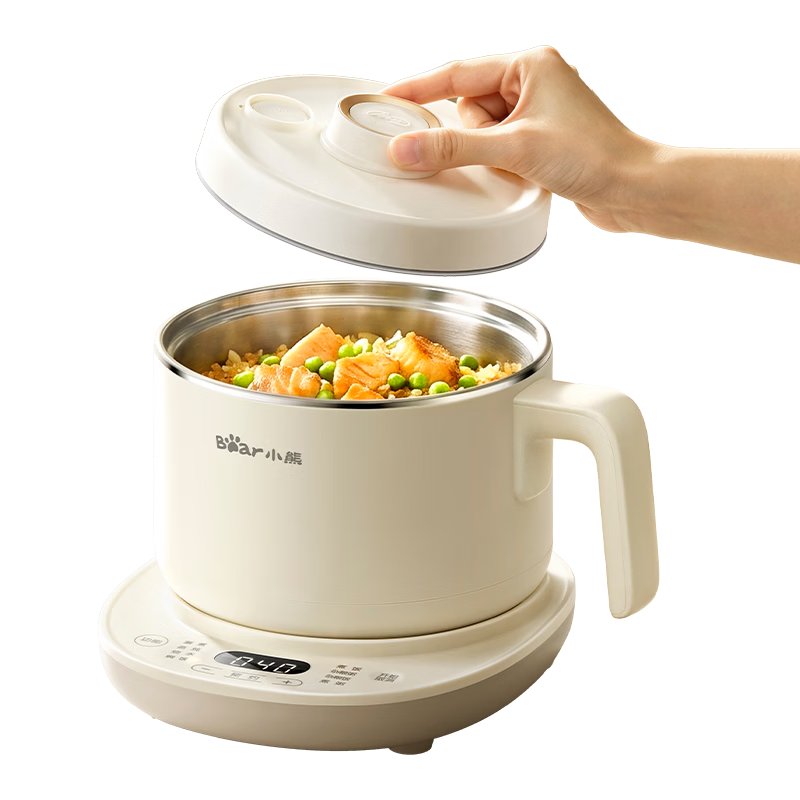 Bear Split Electric Cooking Pot, for 1-2 People, Dorm Small Electric Cooker, Can Boil Rice, Multifunctional Noodle Pot, 0 Coating Stainless Steel Household 1.7L with Steamer M17B3