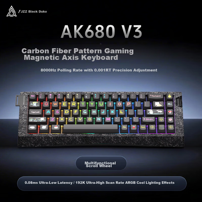 AJAZZ AK680V3 Magnetic Switch, E-Sports Gaming Magnetic Switch RT0.001 Star Flash Joyful Unfearful Valorant, 68-Key Dual-Light Position, Black Transparent Neon Fantasy Color, Lightning Magnetic Switch