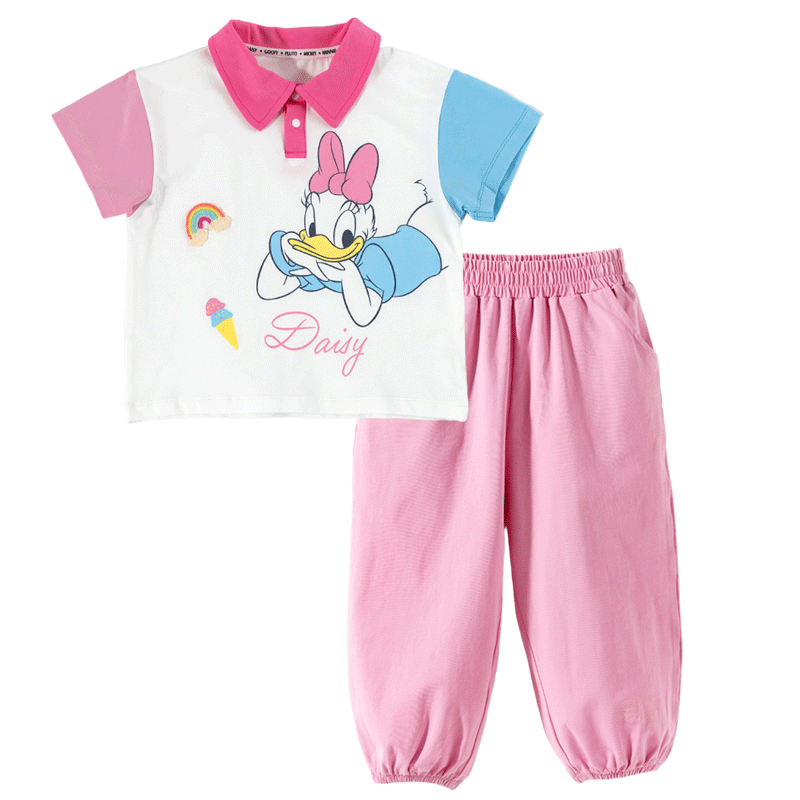 Disney Summer New Girls' Sports Set Short Sleeve T-Shirt Lightweight Breathable Mosquito-Repellent Pants Two-Piece Set Rose Pink 130