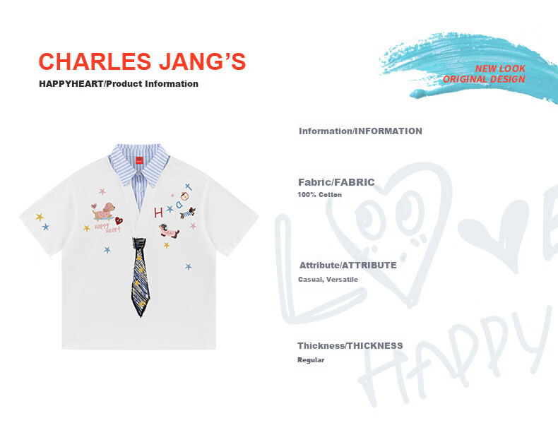 Charles Peach Heart Fake Two-Piece Cartoon Graffiti Tie Print Unisex Cotton Couple Short Sleeve Polo Shirt Off-White XS 7