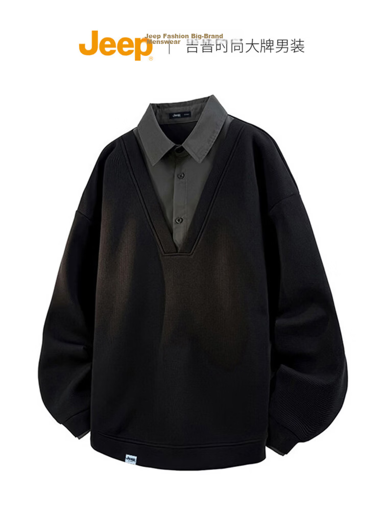 JEEP Men's Spring and Autumn Faux Two-Piece Polo Casual Long Sleeve T-Shirt Black 4XL 2