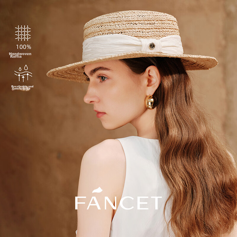 FANCET Women's Summer Hand-Crocheted Raffia Straw Breathable Sun Hat Vacation Lightweight Luxury Flat-Top Hat