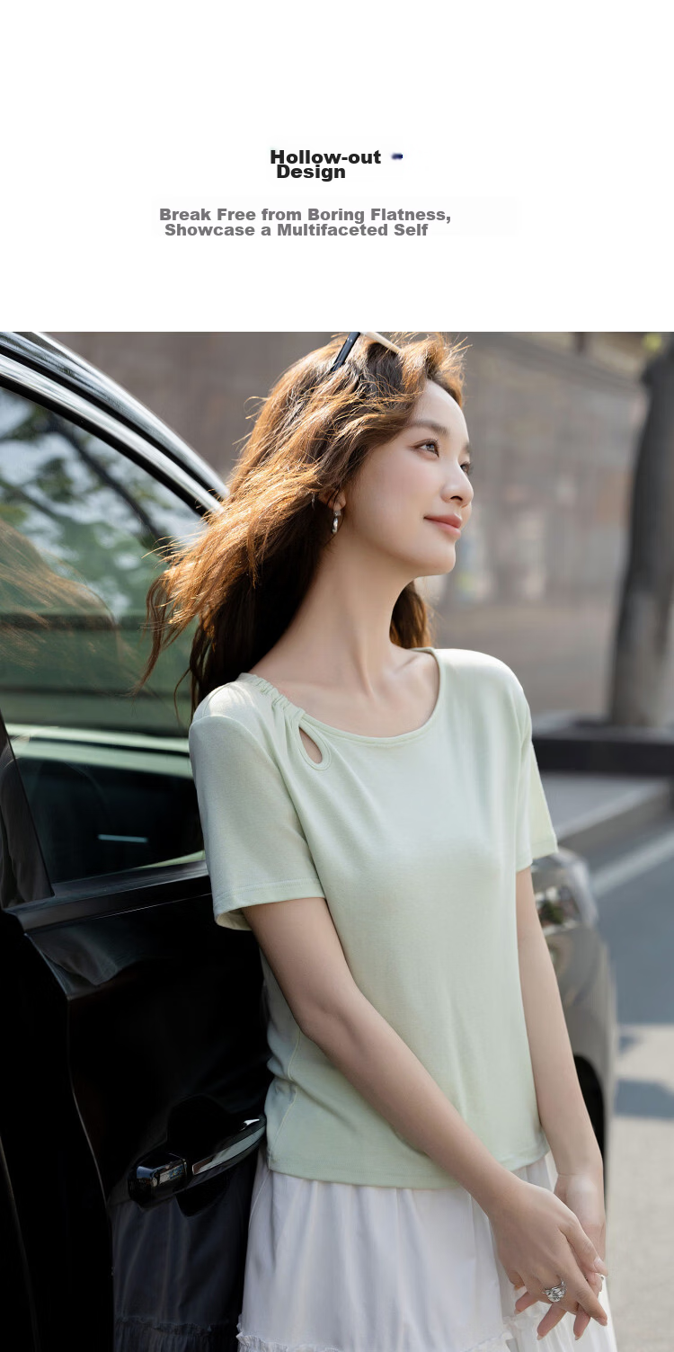 Demana [With Wool and Lyocell] Summer Simple Style Round Neck Hollow Cut Slimming Concealing T-Shirt for Women Premium Feel 7