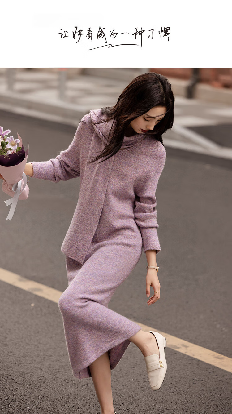 Demana Removable Scarf Winter Elegant Light V-Neck Wool Blend Straight Knit Mid-Length Dress for Women 1