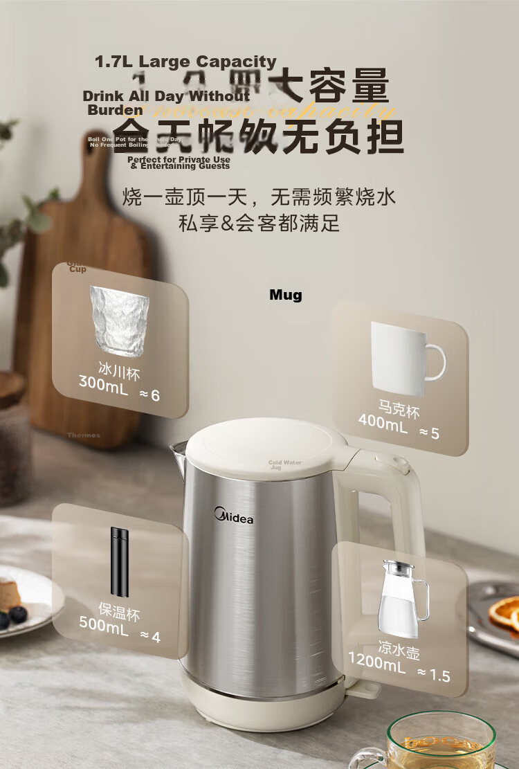 Midea Electric Kettle, 1.7L Large Capacity for Home Use, Double-Layer Anti-Scalding, High Power, All-Steel Seamless Inner Tank, Black 304 Stainless Steel Electric Kettle [MK-AEK17S01] 6
